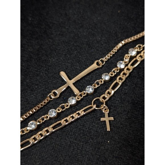 Gold Tone Rhinestone Cross Triple Chain Tennis Bracelet 8-9" - Picture 2 of 6